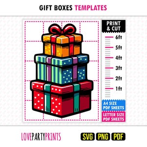 May include: A stack of illustrated gift boxes in red, orange, blue, and green with polka dots and stripes. The image includes the text "GIFT BOXES TEMPLATES", "PRINT & CUT", and "LOVEPARTYPRINTS". A ruler graphic is on the right.