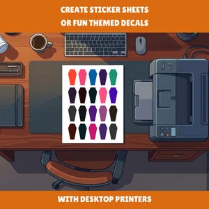 May include: A white sheet of paper featuring twenty coffin-shaped stickers in various colors including pink, blue, purple, green, and black, displayed on a wooden desk with a printer, keyboard, mouse, notebook, and the text CREATE STICKER SHEETS OR FUN THEMED DECALS WITH DESKTOP PRINTERS.