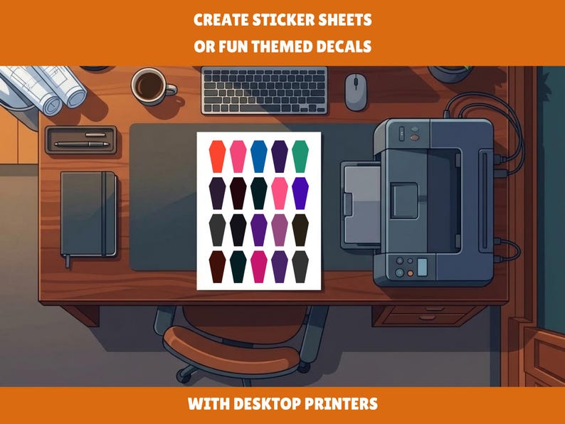 May include: A white sheet of paper featuring twenty coffin-shaped stickers in various colors including pink, blue, purple, green, and black, displayed on a wooden desk with a printer, keyboard, mouse, notebook, and the text CREATE STICKER SHEETS OR FUN THEMED DECALS WITH DESKTOP PRINTERS.