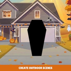 May include: A digital illustration of a house decorated for Halloween with a large black coffin shape in the foreground. The scene features pumpkins, spider webs, ghosts, a skeleton, and bats. The text at the bottom reads CREATE OUTDOOR SCENES.