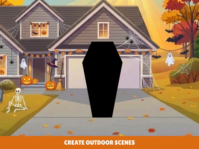 May include: A digital illustration of a house decorated for Halloween with a large black coffin shape in the foreground. The scene features pumpkins, spider webs, ghosts, a skeleton, and bats. The text at the bottom reads CREATE OUTDOOR SCENES.