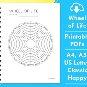 May include: A printable Wheel of Life template in black and white. The template is a circle divided into 12 sections, each representing a different area of life. The sections are labelled with words like "Career & Business", "Social Life", "Finances", "Spirituality", "Health & Fitness", "Creativity", "Adventure & Fun", "Relationships", "Self Development", "Life Style", "Personal Growth", and "Travel & Exploration". The template is available in A4, A5, US Letter, and Classic Happy sizes.