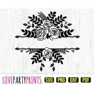 May include: Black and white floral design featuring roses and leaves. The design is split into two sections, with a line separating the top and bottom. The design is ideal for creating a split monogram or adding a decorative touch to a project.