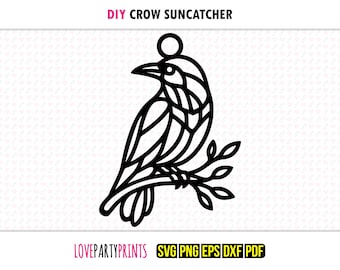 Crow Suncatcher SVG, Dxf, Png, Pdf, Eps, Bird on Branch Ornament Sun Catcher, Machine Laser Cut Silhouette Vector Clip Art, Cutting File