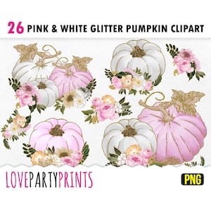 Puede incluir: 26 imágenes de clipart de calabaza de purpurina rosa y blanca con acentos florales. Las calabazas están decoradas con purpurina dorada y tienen una base blanca o rosa. Los acentos florales son rosas, blancos y amarillos.