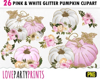 Pink White and Gold Pumpkin Clipart, PNG format, Glitter Pumpkins, Vintage Pumpkin Clipart, Pastel Pumpkin Clipart, Autumn Pumpkins, (CA77)