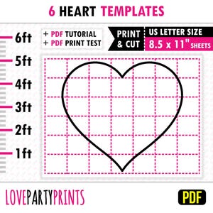 Plantilla de corazón de mosaico con globos en formato PDF, 1 pie, 2 pies, 3 pies, 4 pies, 5 pies, 6 pies, mosaico de corazones de amor, 8,5" x 11", PDF imprimible, descarga instantánea, BT60