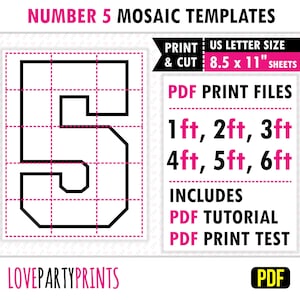 Square Number 5, Mosaic From Balloons, 1ft, 2ft, 3ft, 4ft, 5ft, 6ft, Party Mosaic, 8.5&quot;x11&quot; Printable PDF, Instant Download, PDF, BT5