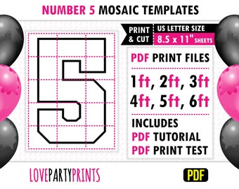 Square Number 5, Mosaic From Balloons, 1ft, 2ft, 3ft, 4ft, 5ft, 6ft, Party Mosaic, 8.5"x11" Printable PDF, Instant Download, PDF, BT5