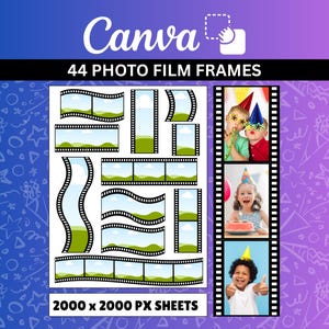 May include: A digital collection of 44 photo film frames featuring various shapes and orientations, including straight, curved, and vertical strips. The graphic includes a vertical film strip displaying three separate party-themed photos.