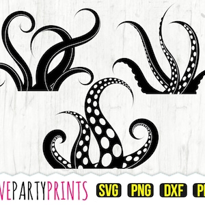 May include: Three black and white vector illustrations of stylized octopus tentacles. The first illustration has a heart shape. The second illustration has a more traditional octopus tentacle shape. The third illustration has a more abstract shape with dots.