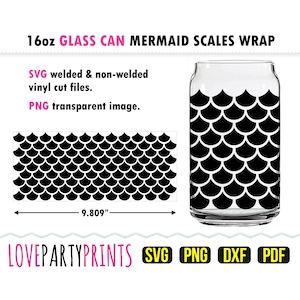 May include: Black and white mermaid scale design for a 16oz glass can wrap. The design is 9.809 inches wide. SVG, PNG, DXF, and PDF files are included. LOVEPARTYPRINTS