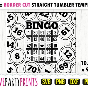 May include: Black and white printable bingo card design with the word "BINGO" at the top. The card is surrounded by a border of black and white circles with numbers inside. The card is 10.25 inches by 9.5 inches.