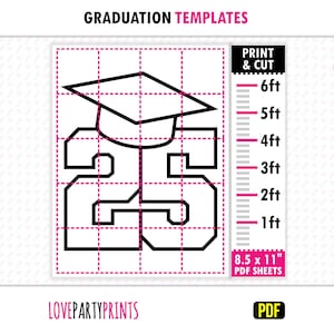 25 卒業帽子モザイクバルーン PDF、1 フィート、2 フィート、3 フィート、4 フィート、5 フィート、6 フィート、卒業モザイク、8.5 インチ x 11 インチの印刷可能な PDF、即時ダウンロード、PDF、BT75