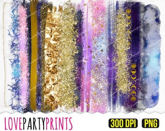 Galaxy Brush Strokes Clipart, PNG format 300dpi, Space Brush Stroked, Gold Glitter Foil Stars, (CA6)