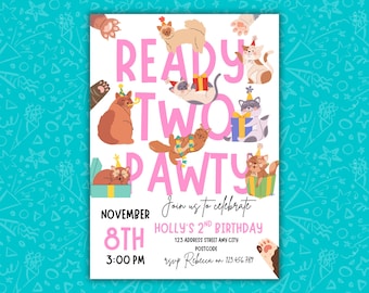 Sjabloon klaar voor verjaardagsuitnodiging voor twee Pawty Cat | Bewerkbaar canvas | Afdrukbare kittenfeestuitnodiging | Digitale download | Mobiel en 5 x 7 inch
