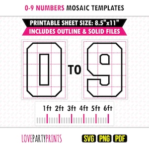 Mosaic Numbers Template 0-9 Balloon Frame Birthday Party Prop Cutout Printable SVG PNG PDF