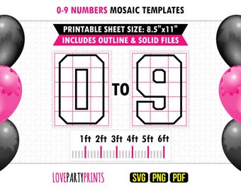 Mosaic Numbers Template 0-9 Balloon Frame Birthday Party Prop Cutout Printable SVG PNG PDF