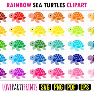 Rainbow Sea Turtle Clipart SVG, PNG EPS Pdf, 30 Templates, Cute Baby Sea Turtles, Colorful Happy Marine Sea Life Clip Art, Instant Download