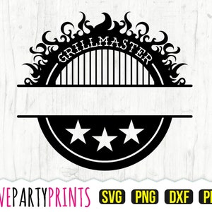 May include: Black and white silhouette of a grill master logo with flames and three stars. The text "Grill Master" is in a circle with a blank space for a name.