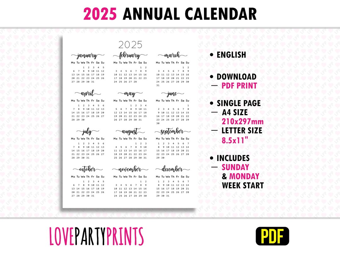 2025 Calendar Annual Yearly PDF Printable A4 & Letter Size Monday and ...