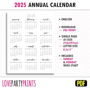 Calendario 2025 Anual PDF Imprimible Tamaño A4 y Carta Lunes y Domingo Inicio de Semana Imprimible Minimalista Digital Descargar 1495