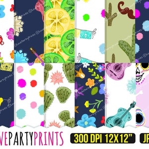 Papel digital Fiesta, padrões sem emendas, desenhado à mão 12x12&quot; 300dpi, (DP7)