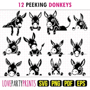 Peeking Donkey Bundle, SVG, PNG, EPS, Pdf, 12 Osłów Maszyna Cięta Laserowo CNC Grafika Wektorowa Drukuj Dye Sub Szablony, Natychmiastowe Pobieranie, 1705