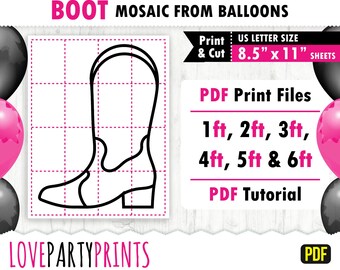 Boots from Balloons Template PDF, 1ft, 2ft, 3ft, 4ft, 5ft, 6ft, Cowgirl Boot Mosaic, 8.5"x11" Printable PDF, Instant Download, BT45