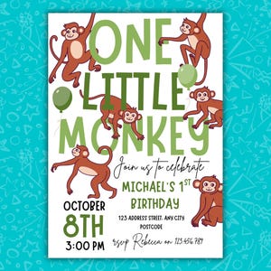 One Little Monkey 1e verjaardagsuitnodiging | Bewerkbare canvassjabloon | Uitnodiging eerste verjaardagsfeestje | Digitale download afdrukbaar, mobiel en 5 x 7