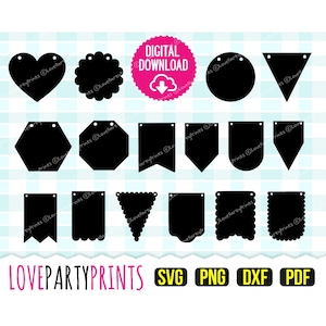 Banner Bunting Template SVG, DXF, PNG, Pdf, 16 Banner Templates, Vector Clipart, Cutting Files, With or Without Holes, (svg569)