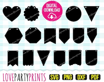 Banner Bunting Template SVG, DXF, PNG, Pdf, 16 Banner Templates, Vector Clipart, Cutting Files, With or Without Holes, (svg569)
