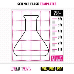 May include: A black outline of a science flask template on a white background with a pink grid. The image includes the text "SCIENCE FLASK TEMPLATES", "PRINT & CUT", and a measurement scale from 1ft to 6ft. The image also includes the text "8.5 x 11 PDF SHEETS".