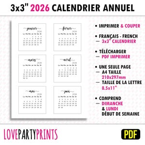 May include: A printable 2026 calendar in French, with 12 monthly pages, each measuring 3x3 inches. The calendar is designed to be printed on a single A4 page, which is 8.5x11 inches. The calendar starts with Sunday.