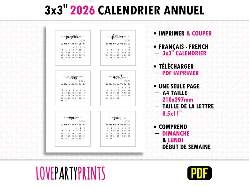 May include: A printable 2026 calendar in French, with 12 monthly pages, each measuring 3x3 inches. The calendar is designed to be printed on a single A4 page, which is 8.5x11 inches. The calendar starts with Sunday.