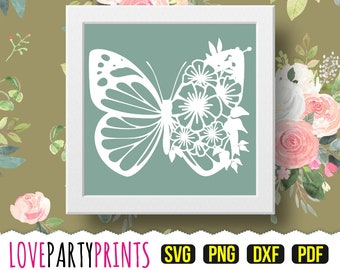 Floral Butterfly Papercut Template PDF and PNG Clip Art with Svg and DXF Cutting Files, Handcut or Cutting Machines, (PC30)