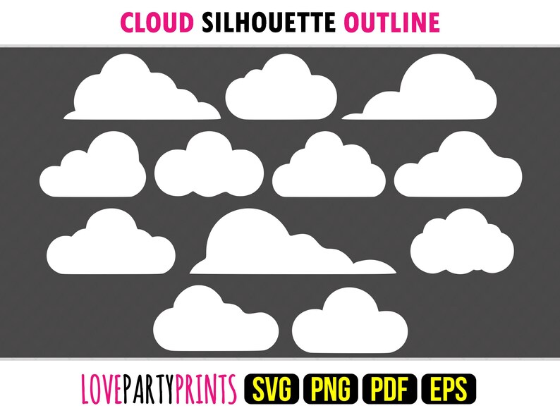 Clouds Silhouette Outline Bundle SVG, PNG, EPS, Pdf, White Fluffy Cloud ...