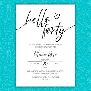 Editable 40th Birthday Invitation, Canva Text Template, 5x7 Inch and Mobile Templates, Custom Hello Forty Printable & Digital Invites