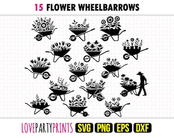 Wheelbarrow SVG Bundle, PNG, EPS, Dxf, Flower Wheelbarrows, Floral Gardening Trolley Templates, 15 Vector Templates, Digital Download, 1296