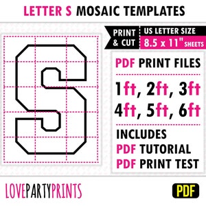 Letra S cuadrada, mosaico de globos, plantilla de mosaico, 1 pie, 2 pies, 3 pies, 4 pies, 5 pies, 6 pies, letras de mosaico, 8,5" x 11" PDF, descarga instantánea, BT33