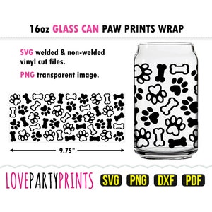 May include: A 16-ounce glass can wrap design featuring a black and white paw print and bone pattern. The design is 9.75 inches wide. SVG, PNG, DXF, and PDF files are included.