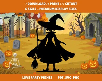 Mall för häxgräsmatta i PDF-format, utskrivbar Halloween-silhuettdekoration för utomhusbruk, 30 cm, 0,60 cm, 0,90 cm, 1,20 cm, 1,50 cm, 1,80 cm, direktnedladdning, BT78