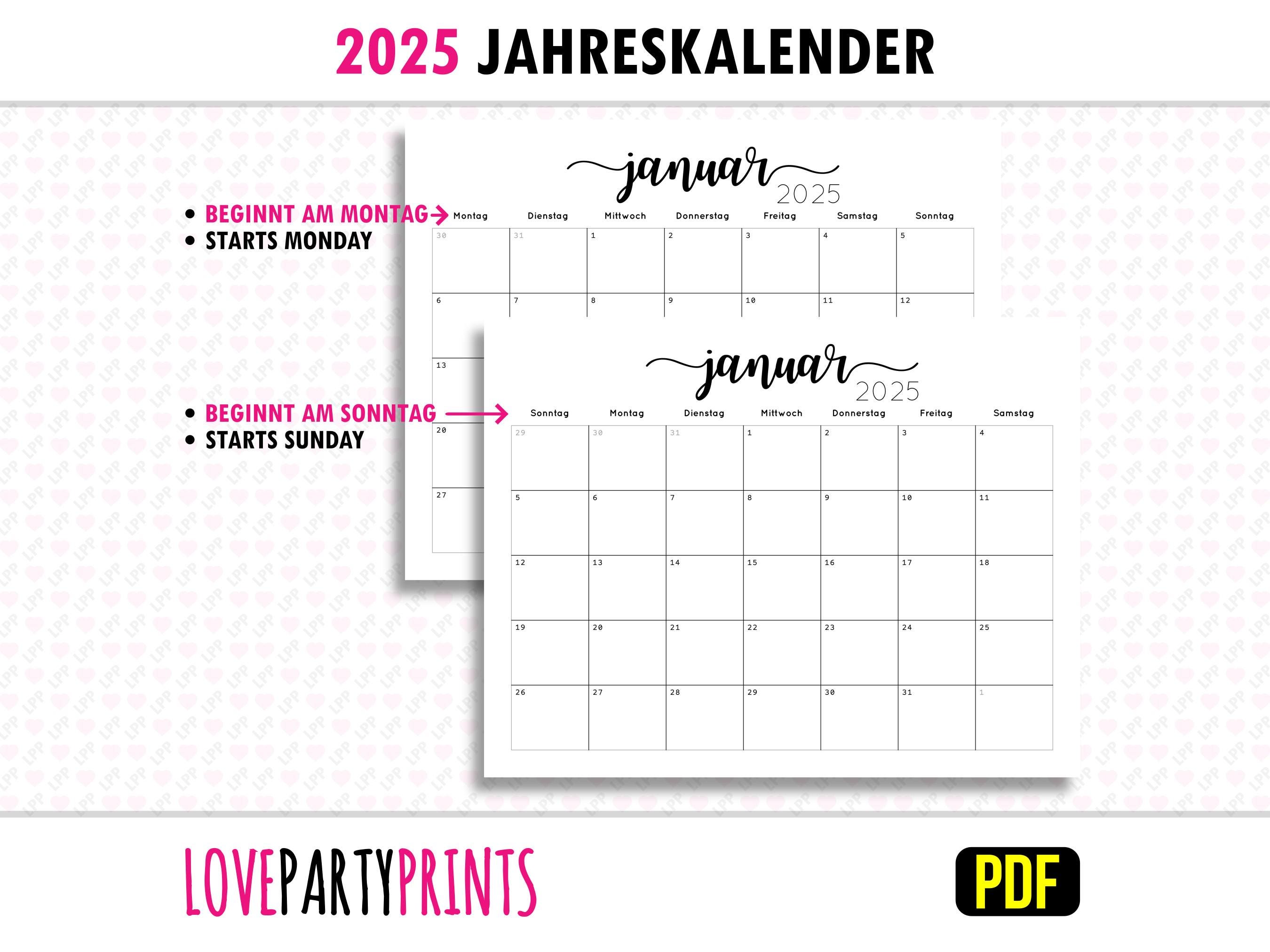 2025 Kalender Druckbare Jährlich German PDF A4 & Letter-format Montag