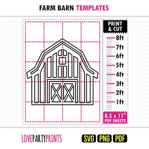 May include: Black and white line art of a barn template with a grid background. The image includes a measurement scale from 1 to 8 feet, and the text "PRINT & CUT". The text "FARM BARN TEMPLATES" is at the top. The bottom includes "LOVEPARTYPRINTS" and file type icons.