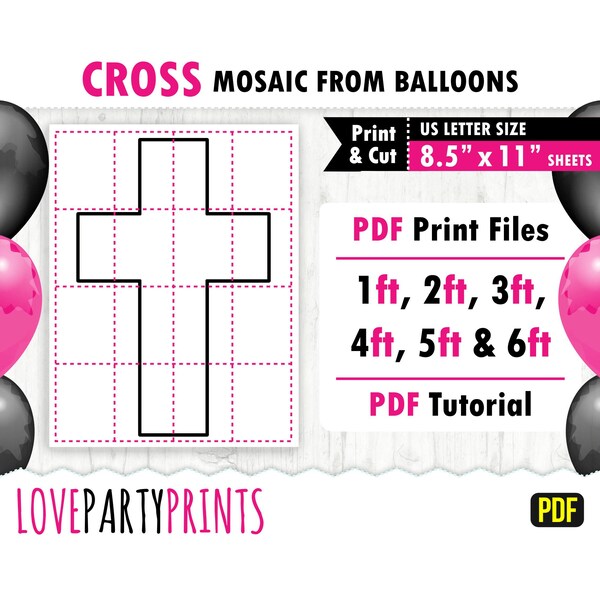 Cross Mosaic Balloon Frame Template PDF, 1ft - 6ft, Religious Easter Baptism Mosaic Frame, 8.5"x11" Printable PDF, Instant Download, BT50