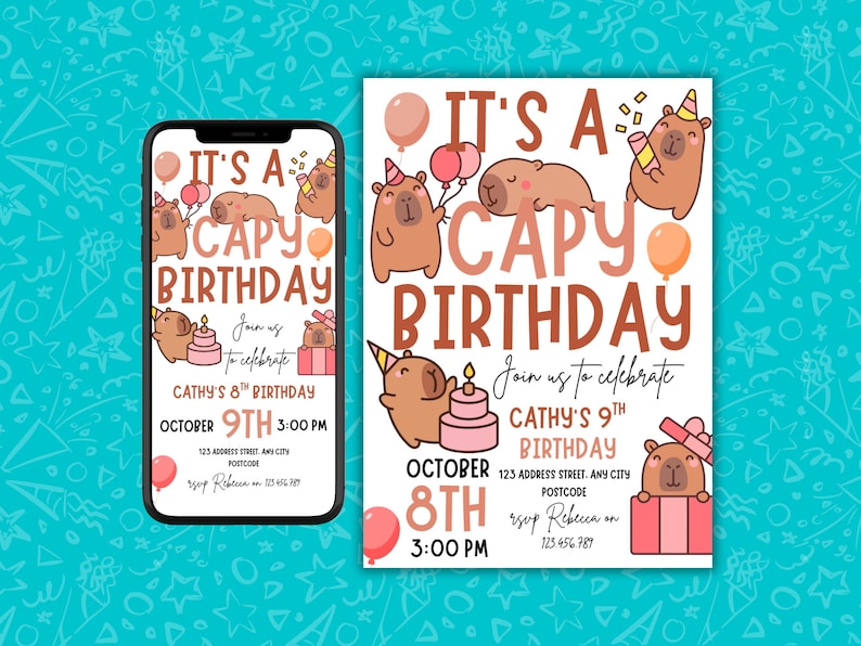 It’s A Capy Birthday Invitation, Cute Capybara Birthday Party Template, Editable Canva, Printable Kids Invite, Digital Download, Mobile, 5x7 image 9