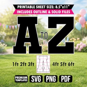 Peut inclure: Un ensemble de fichiers numériques présentant les lettres A à Z dans une police noire grasse. Le texte inclut PRINTABLE SHEET SIZE: 8.5"x11", INCLUDES OUTLINE & SOLID FILES, 1ft 2ft 3ft, 4ft 5ft 6ft, PREMIUM TEMPLATES, SVG, PNG et PDF.