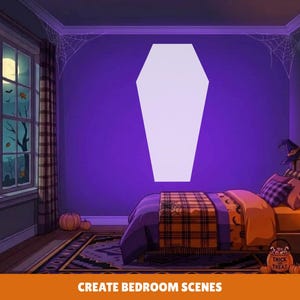 May include: A large, white, coffin-shaped wall decal centered on a purple bedroom wall. The room features a bed with orange and black plaid bedding, a bedside lamp, a window showing a night scene, and Halloween-themed decorations throughout.