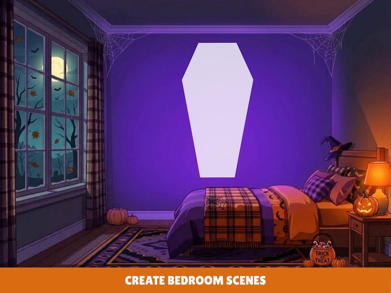 May include: A large, white, coffin-shaped wall decal centered on a purple bedroom wall. The room features a bed with orange and black plaid bedding, a bedside lamp, a window showing a night scene, and Halloween-themed decorations throughout.