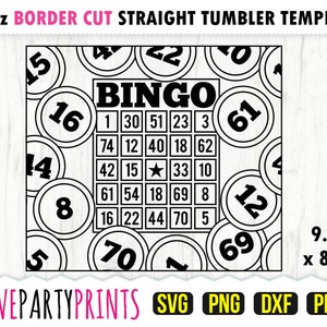 May include: Black and white printable bingo card design with the word "BINGO" in bold letters. The card is surrounded by a border of black and white circles with numbers inside. The card is 9.3 inches by 8.2 inches.